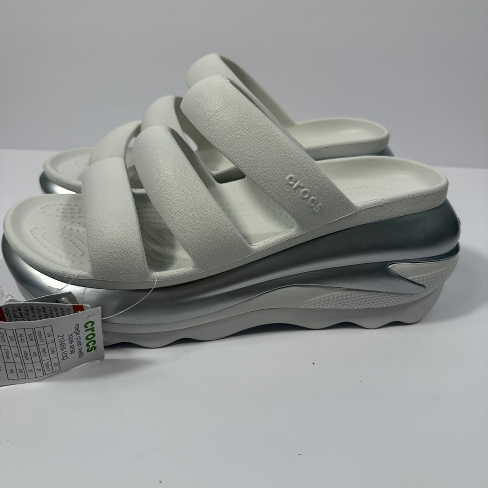 New CROCS Mega Crush Triple Strap Metallic White Women's 11 Sandals Platform - Picture 5 of 6